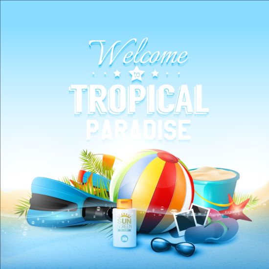 tropisch paradijs met blauwe achtergrond vector  
