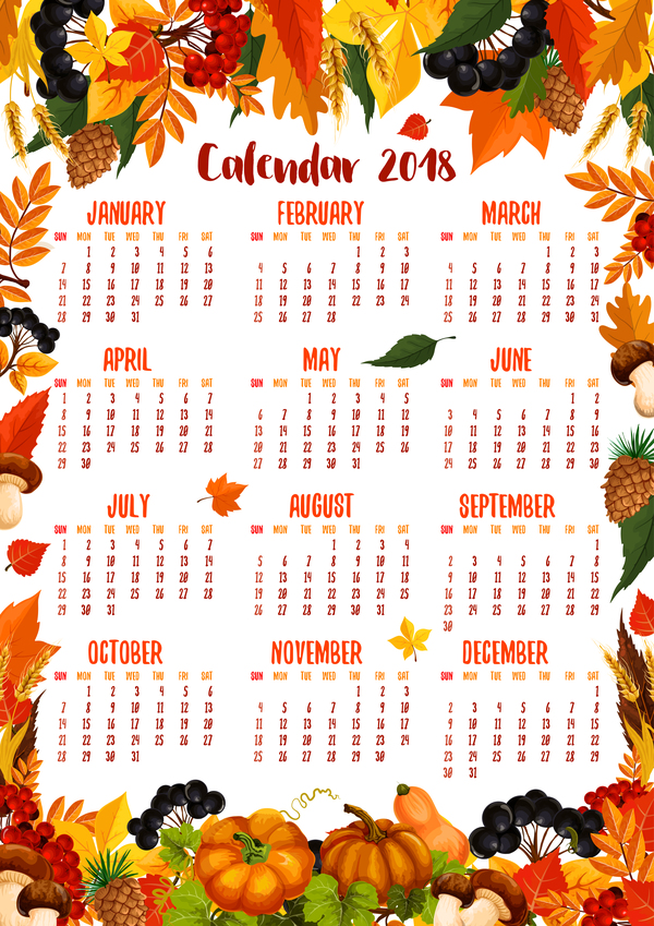Autumn styles 2018 calendar template vector 02  
