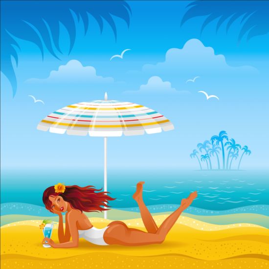 Vacker flicka med sommar strand bakgrund vektor 09  