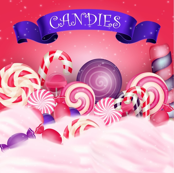 Blue ribbon with candies background vector 02  