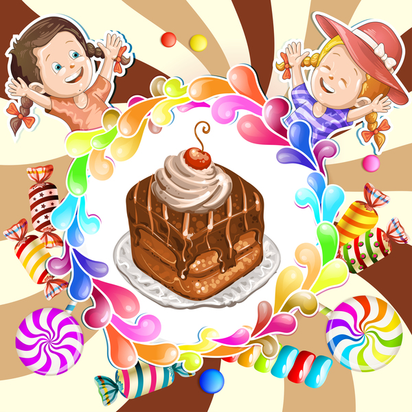 ケーキとお菓子とかわいい子供たちベクター素材 04  