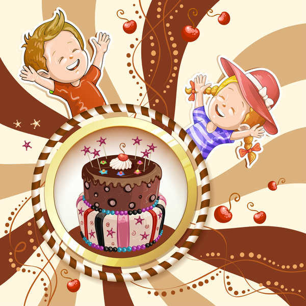 Cute kids with cake and candies vector material 13  
