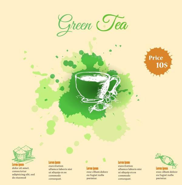 Green tea watercolor background template vector  