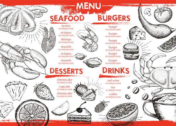 Modèle de vecteur de menu de fruits de mer dessinés à la main 08  