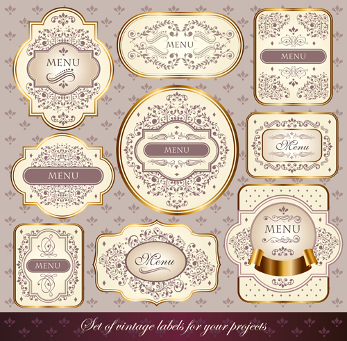 Ornate menu gold labels vector material  