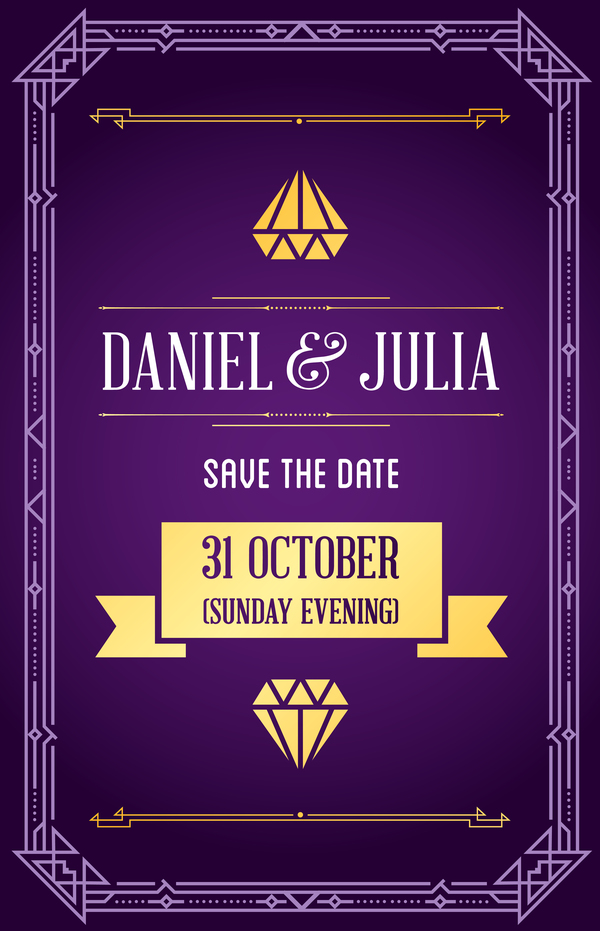Purple wedding invitation card template vector 01  
