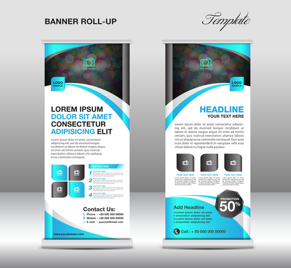 Roll up banner stand template blue styles vector 02  
