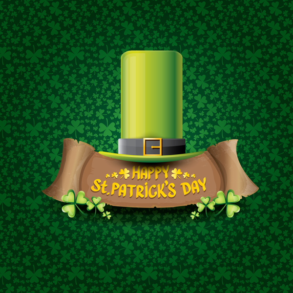 聖パトリックの日レトロなバナーの帽子と、緑の葉パターン ベクトル 02  