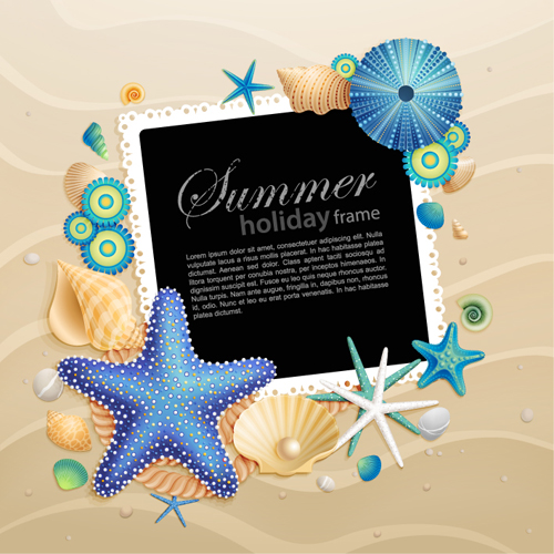 Shells and Starfishe holiday frame elements vector 02  