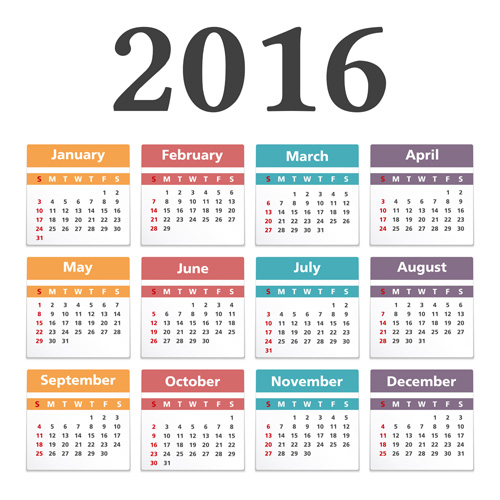 Simple 2016 calendars colored vector 02  