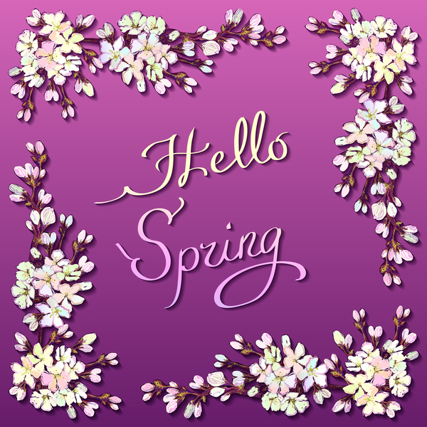 Square flower frame with purple spring background vector  