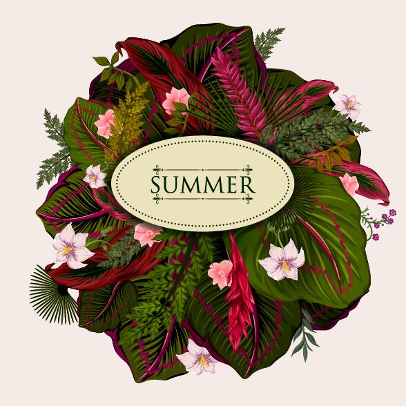 Sommer Hintergrund mit tropischen Pflanzen und Blumen Vektor 08  