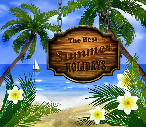 Summer beach with wooded sign vector background 05  