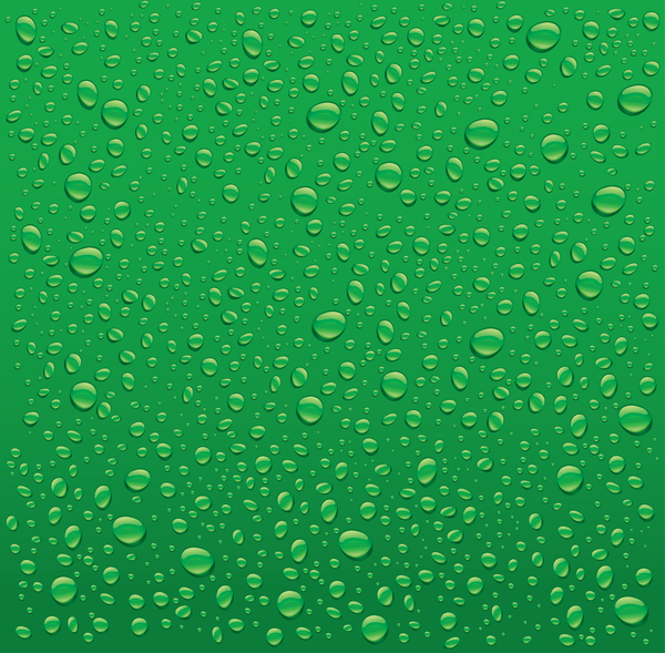 透明な水滴と緑の背景のベクトル  