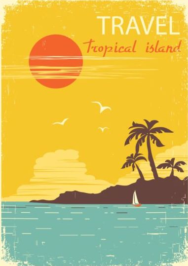 Tropische Insel Flugreise Vintage-Plakatvektor 06  