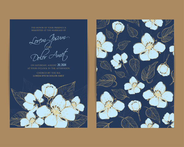 Hochzeitseinladung mit dunkelblauen Blüten Vector 03  