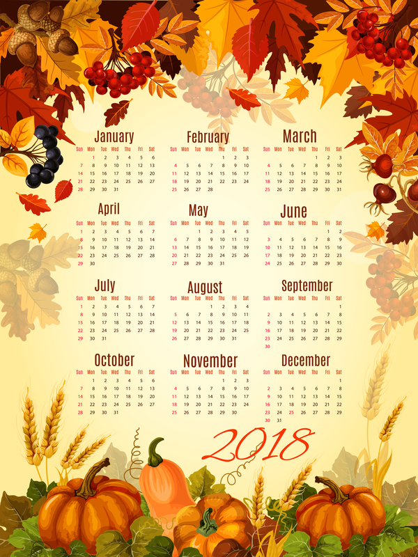 Autumn styles 2018 calendar template vector 01  
