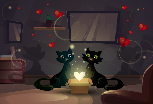 Black cat love with Valentine day card vector 03  
