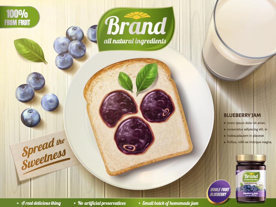 Blueberry jam poster with bread vector  