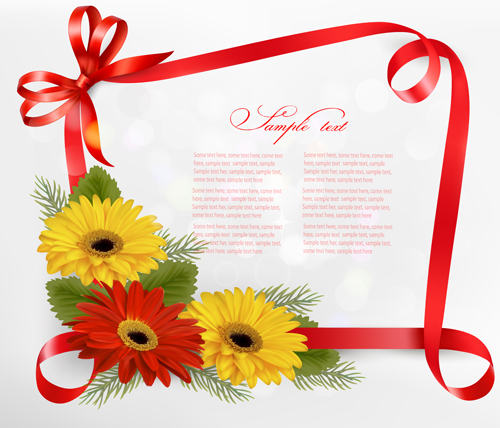 Ribbon with flower Greeting card vector 03  