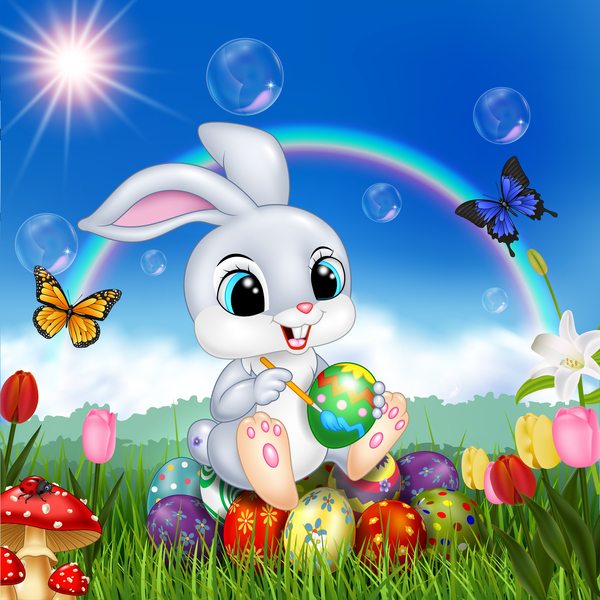 Cute bunny easter background with rainbow vector 07  