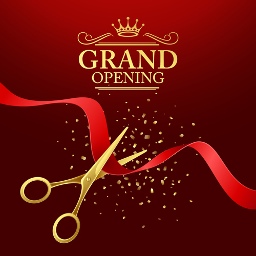 Grand opening with golden scissors background vector 03  