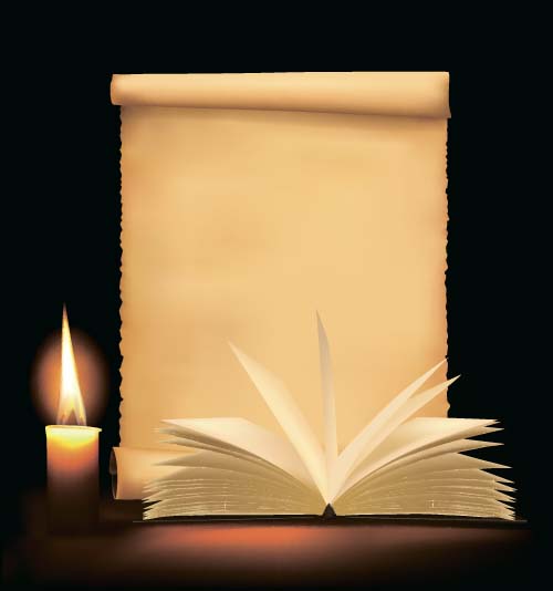 Vecchia carta e candela con sfondo vettoriale libro  