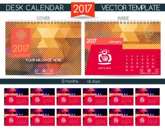 Retro Skriv bords kalender 2017 vektor mall 04  