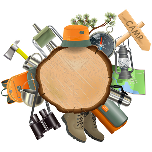 Wooden doard with camping accessories vector  