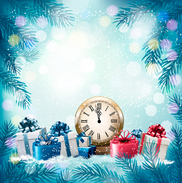 blue holiday background with chistmas branch and gift boxes vector  