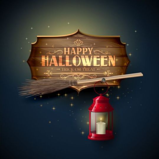 Halloween-Schild und Laterne mit Besenvektor  