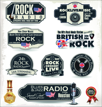 Retro rock music and jazz labels vector 04  