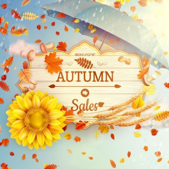 Herbstverkaufseetiketten mit Sonnenblume und Blättergrundvektor 04  