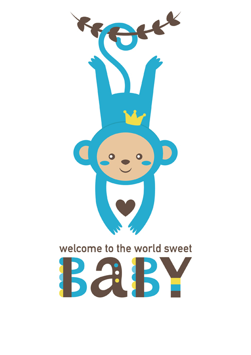Baby shower card with monkey vector 05  