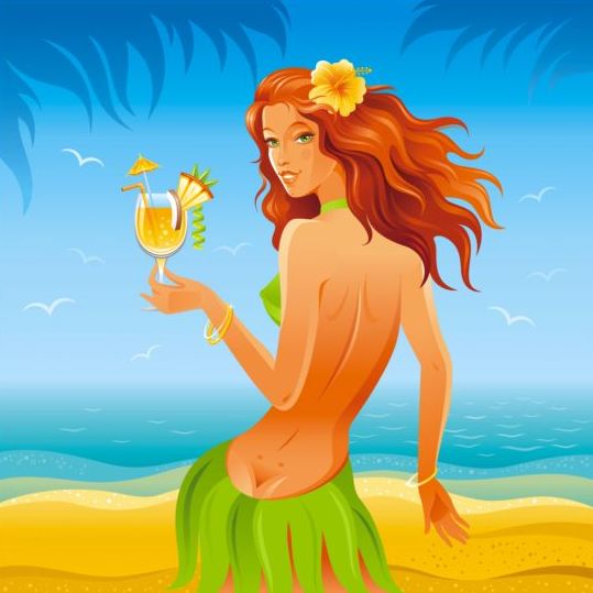 Красивая девушка с летним пляжным вектором 01  