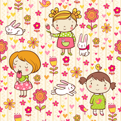 Cartoon kids with floral seamless pattern vector 01  