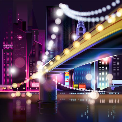 Charming city night scenery vector 01  