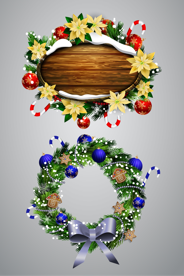 木製のラベルベクトル材料03とクリスマスの花輪  