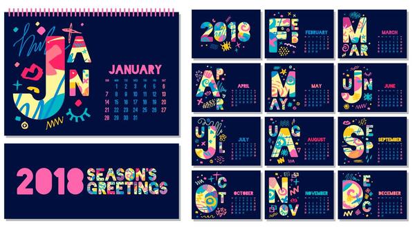 Cute blue desk 2018 calendar template vector  