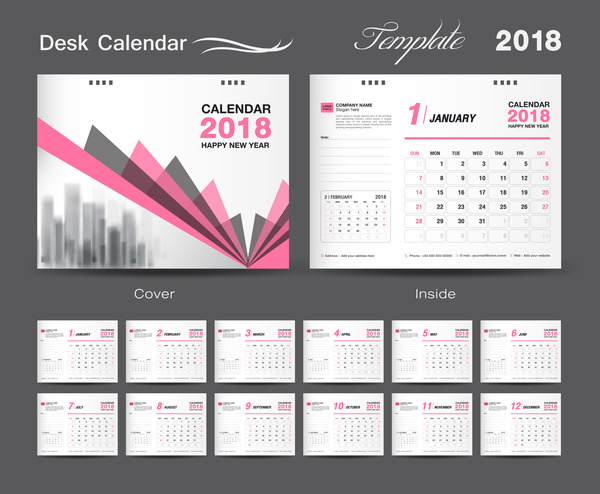 Desk Calendar 2018 template design with pink cover vector 11  