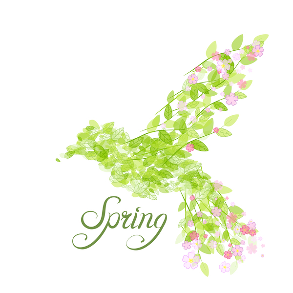 Grünblätter mit Blumen- und Vogelfrühlingsvektor 02  