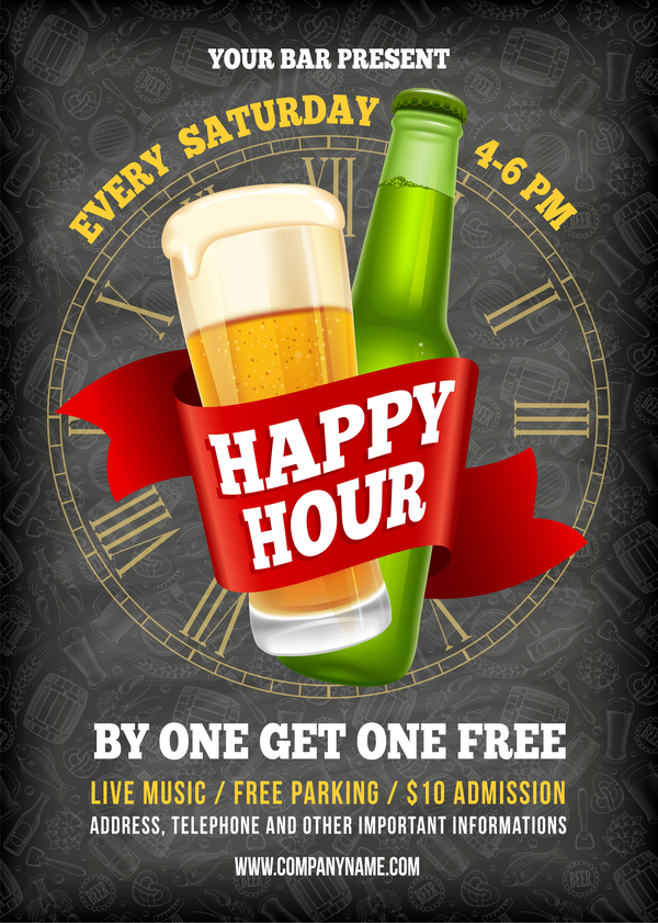 Happy Hour beer poster template vector 01  