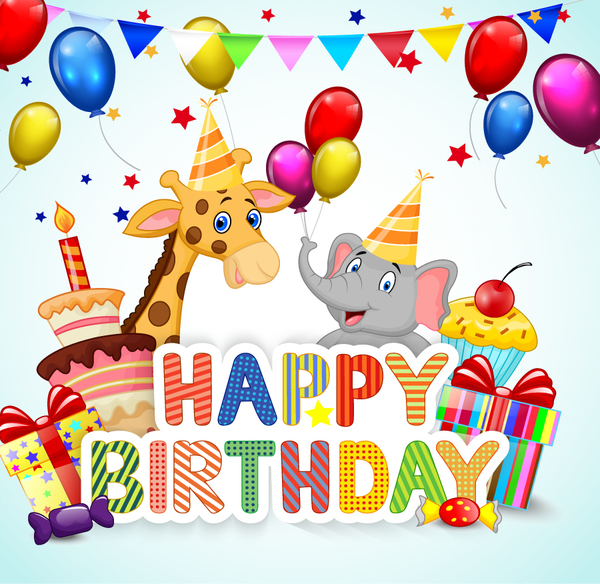 Happy birthday background with cute animal vector 05  