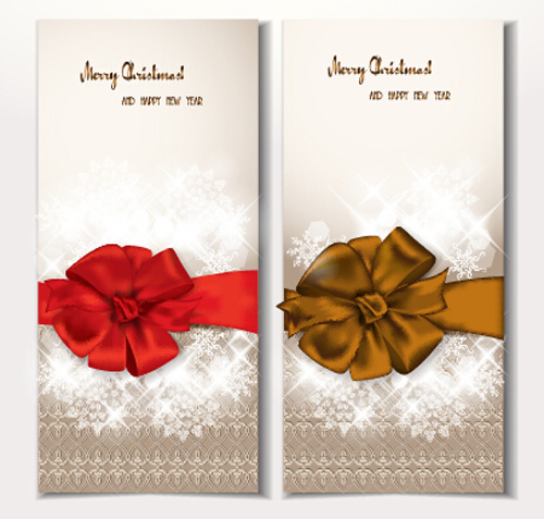 Holiday gift cards with ribbon bow vector 05  