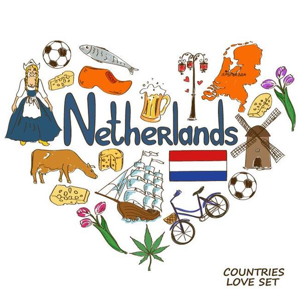 Éléments de pays des Pays-Bas avec vecteur de forme de coeur  