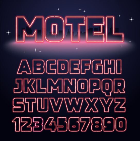 Alfabeto neon viola con numeri vettoriali  