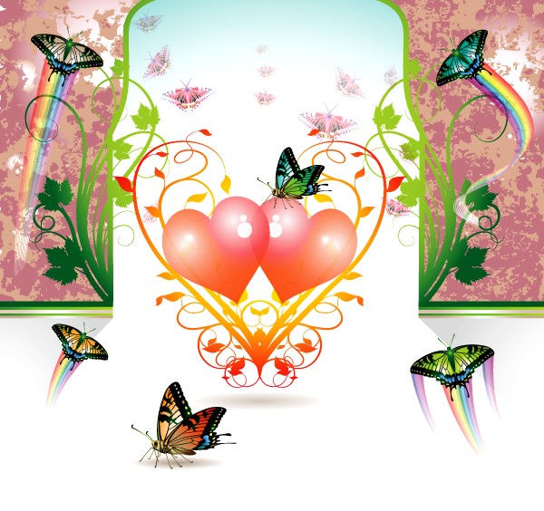 Butterflies with heart background vectors material  
