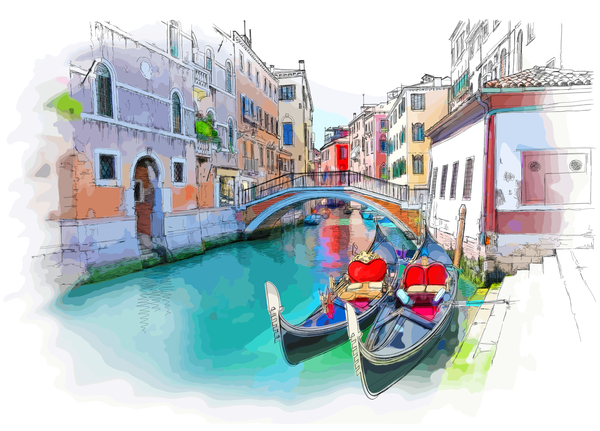 ヴェネツィア イタリア風景手描画ベクトル 03  