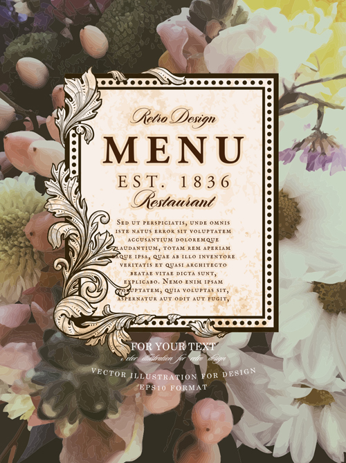 Vintage restaurant menu cover with flower blurs background vector 09  