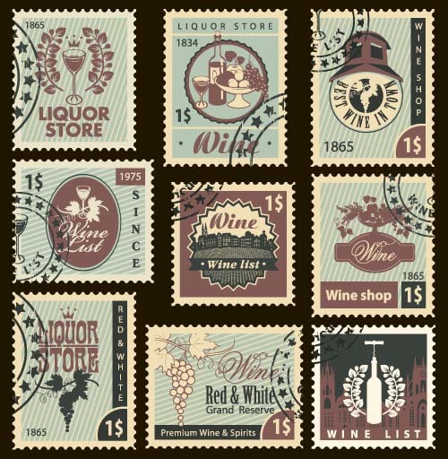 Wine postal stamps template vector  